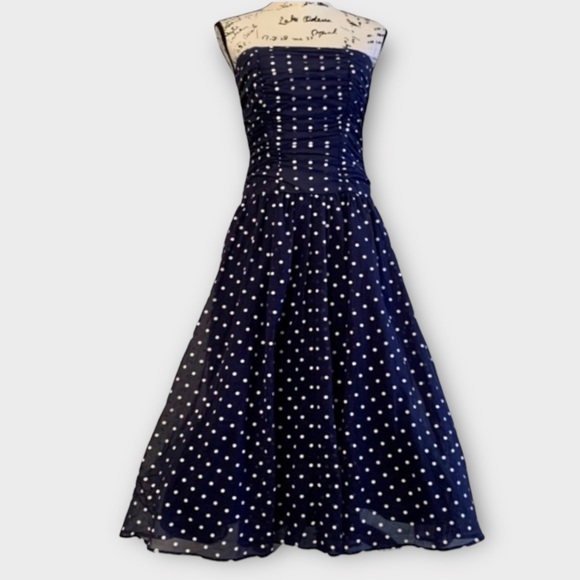 Vintage Navy Blue Polka Dot Strapless Fit and Flare Swing Dress - Picture 1 of 12